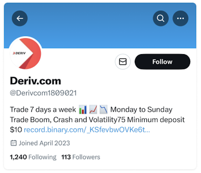 Deriv scam account example on twitter